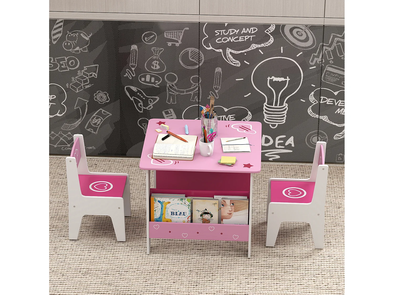 Set tavolo e 2 sedie per bambini da 3-8 anni in legno rosa