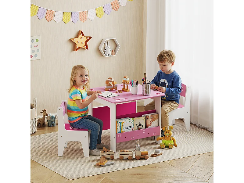 Set tavolo e 2 sedie per bambini da 3-8 anni in legno rosa
