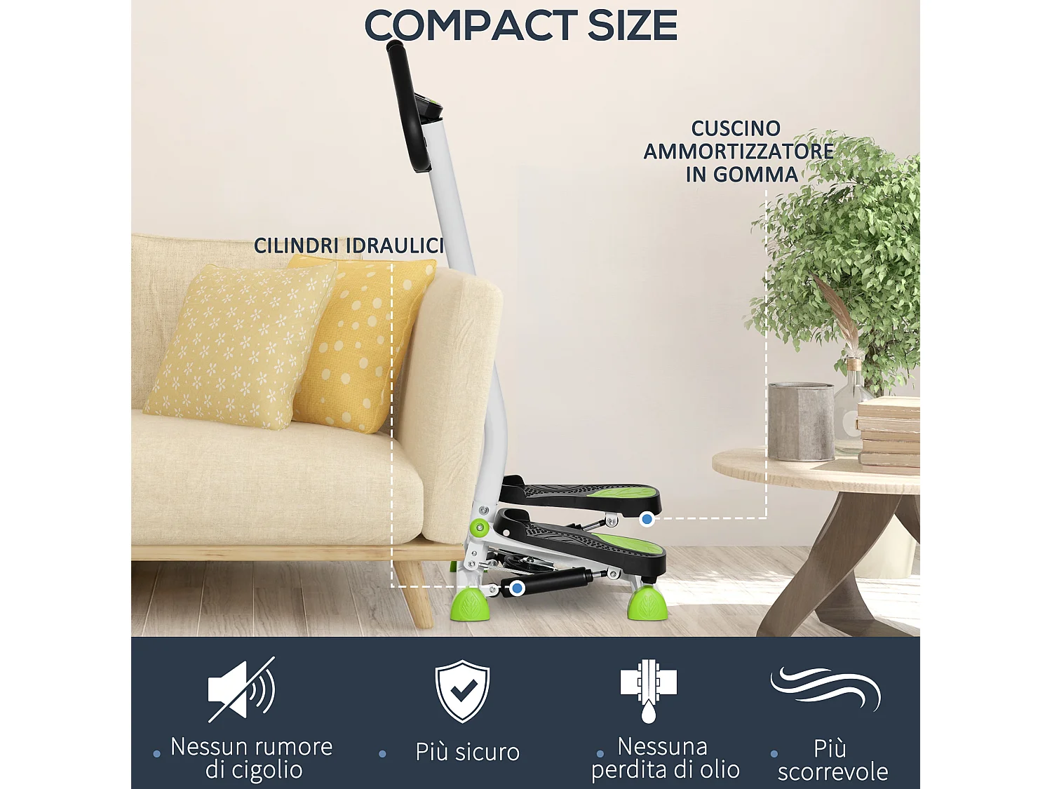 Stepper con manubrio con monitor lcd e pedali antiscivolo bianco verde