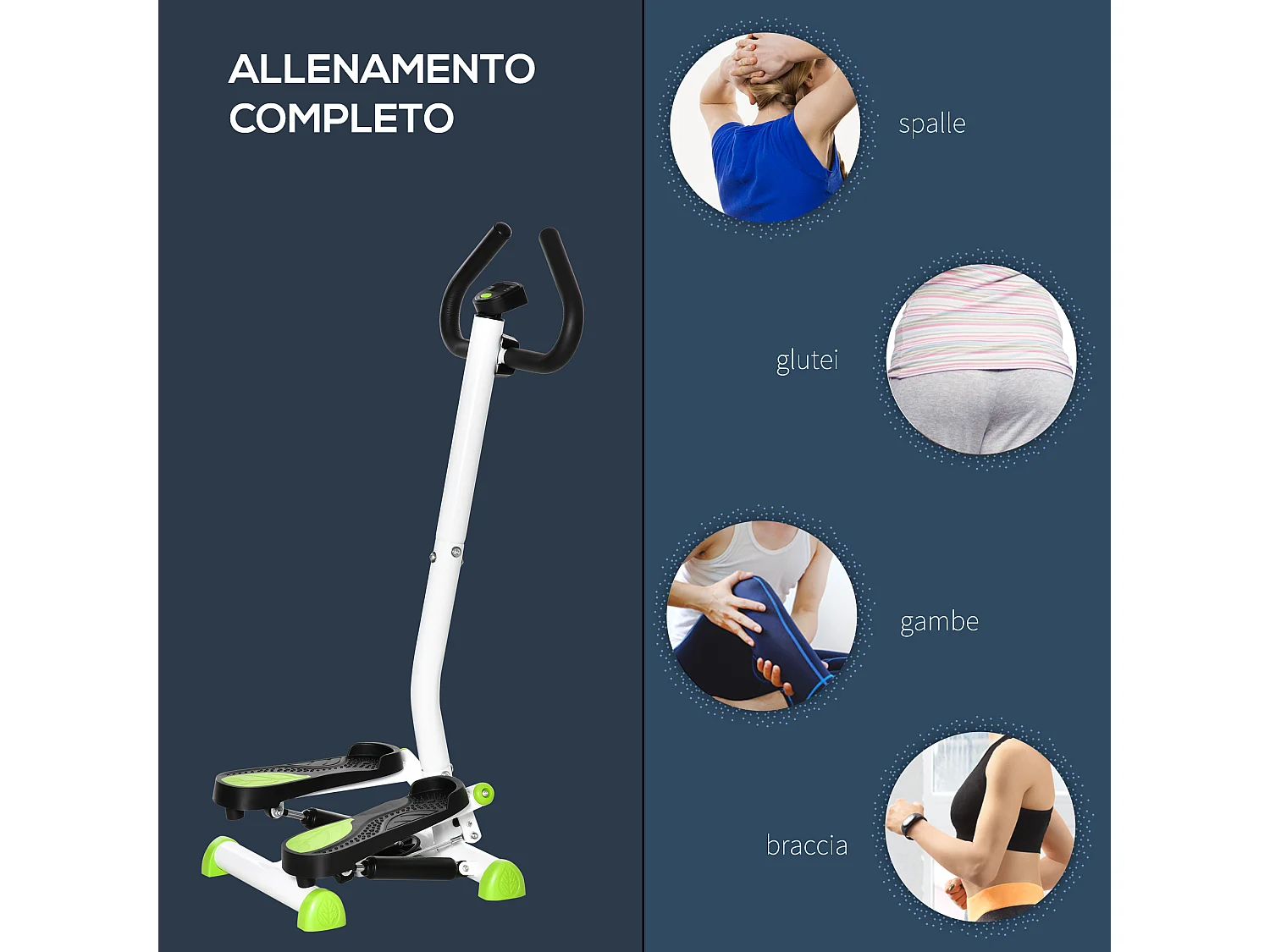 Stepper con manubrio con monitor lcd e pedali antiscivolo bianco verde