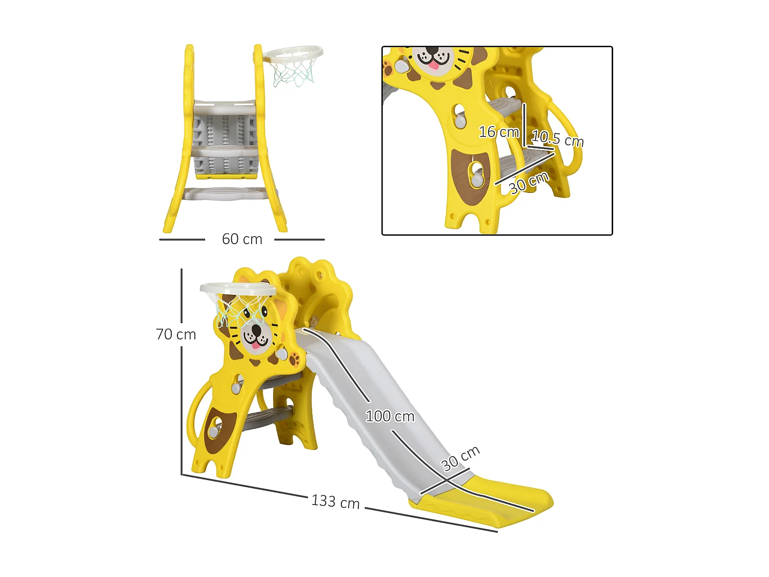 AIYAPLAY Scivolo per Bimbi 18-36 Mesi con Canestro da Basket Laterale, Scivolo in Plastica, 131x50x74 cm, Giallo e Grigio