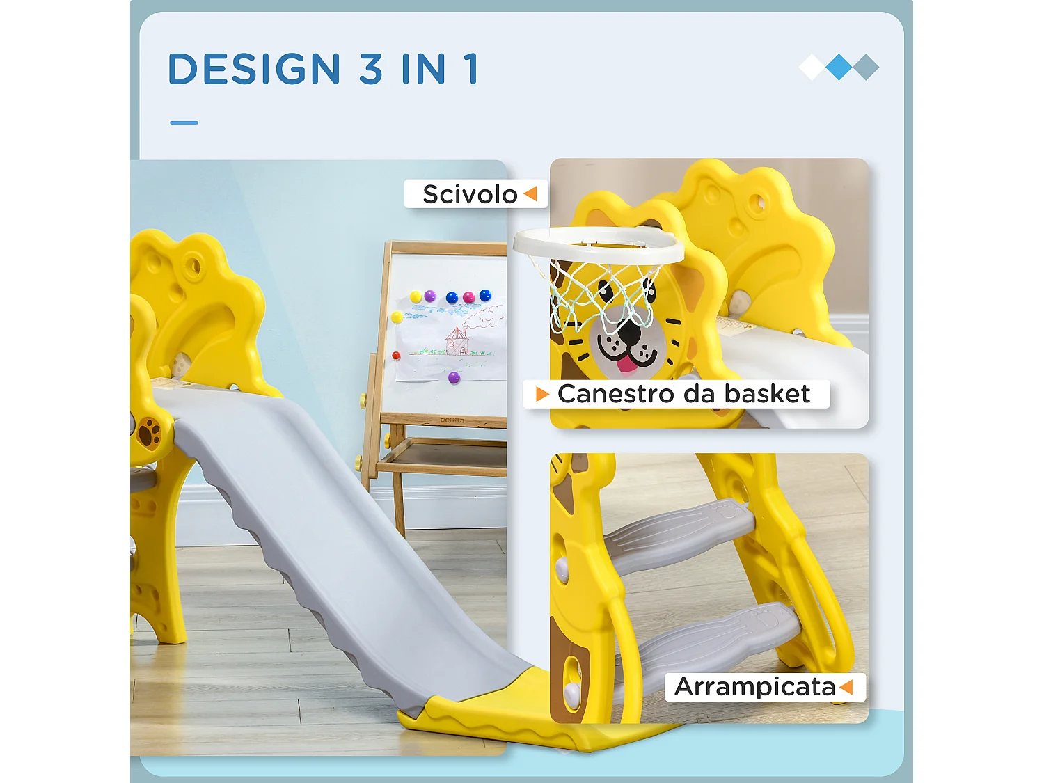 AIYAPLAY Scivolo per Bimbi 18-36 Mesi con Canestro da Basket Laterale, Scivolo in Plastica, 131x50x74 cm, Giallo e Grigio
