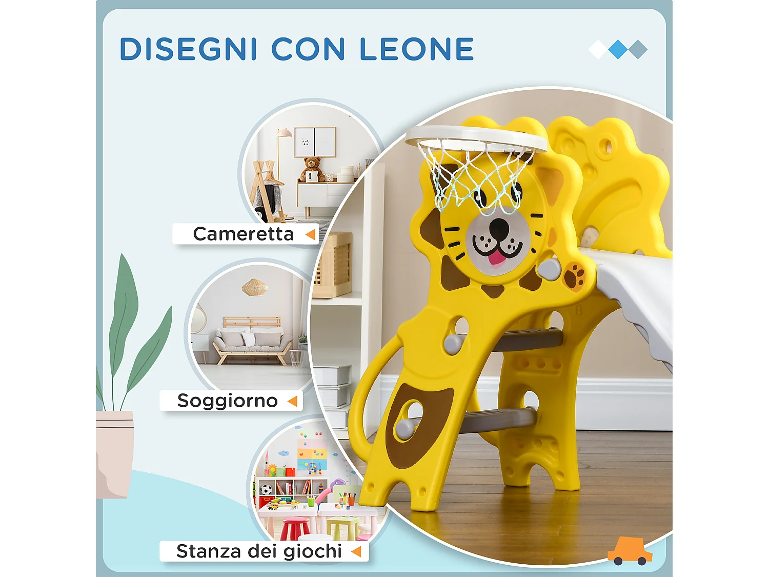 AIYAPLAY Scivolo per Bimbi 18-36 Mesi con Canestro da Basket Laterale, Scivolo in Plastica, 131x50x74 cm, Giallo e Grigio