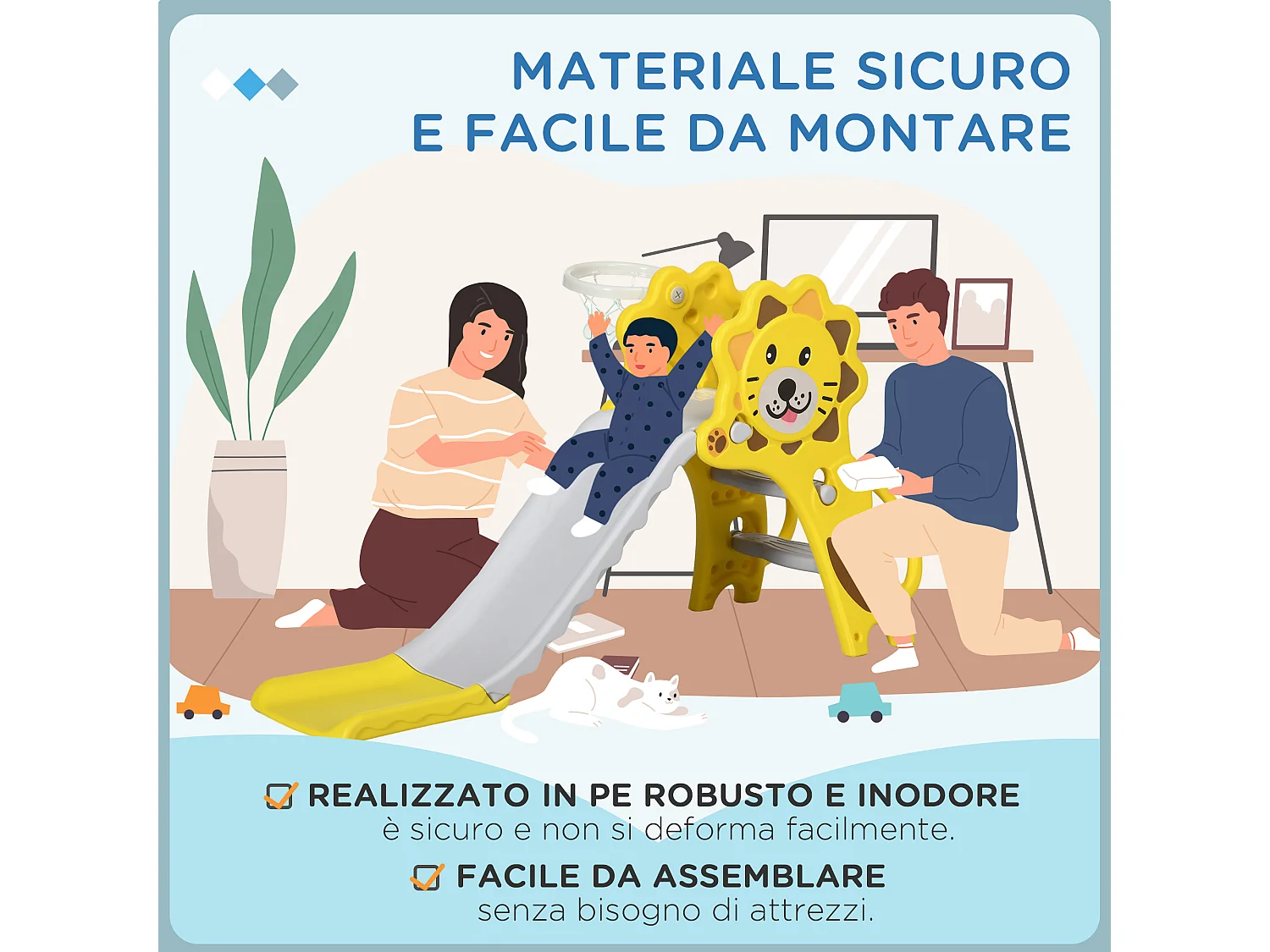 AIYAPLAY Scivolo per Bimbi 18-36 Mesi con Canestro da Basket Laterale, Scivolo in Plastica, 131x50x74 cm, Giallo e Grigio