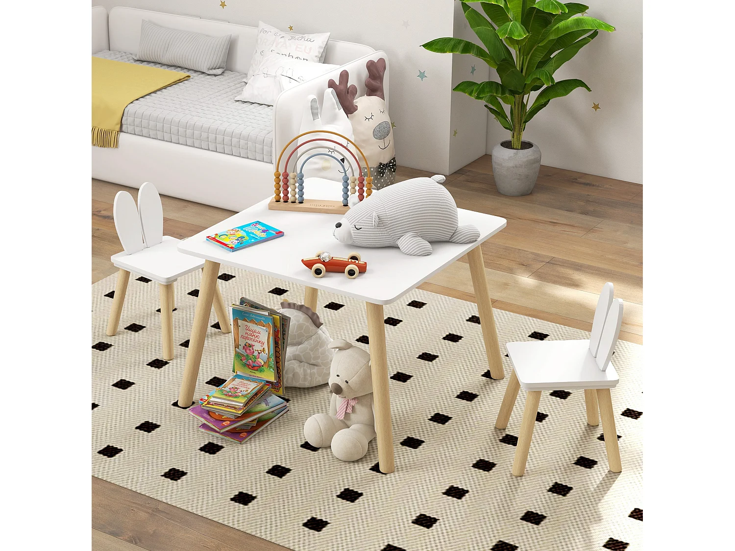 Set tavolo e 2 sedie per bambini con schienale a orecchie di coniglio