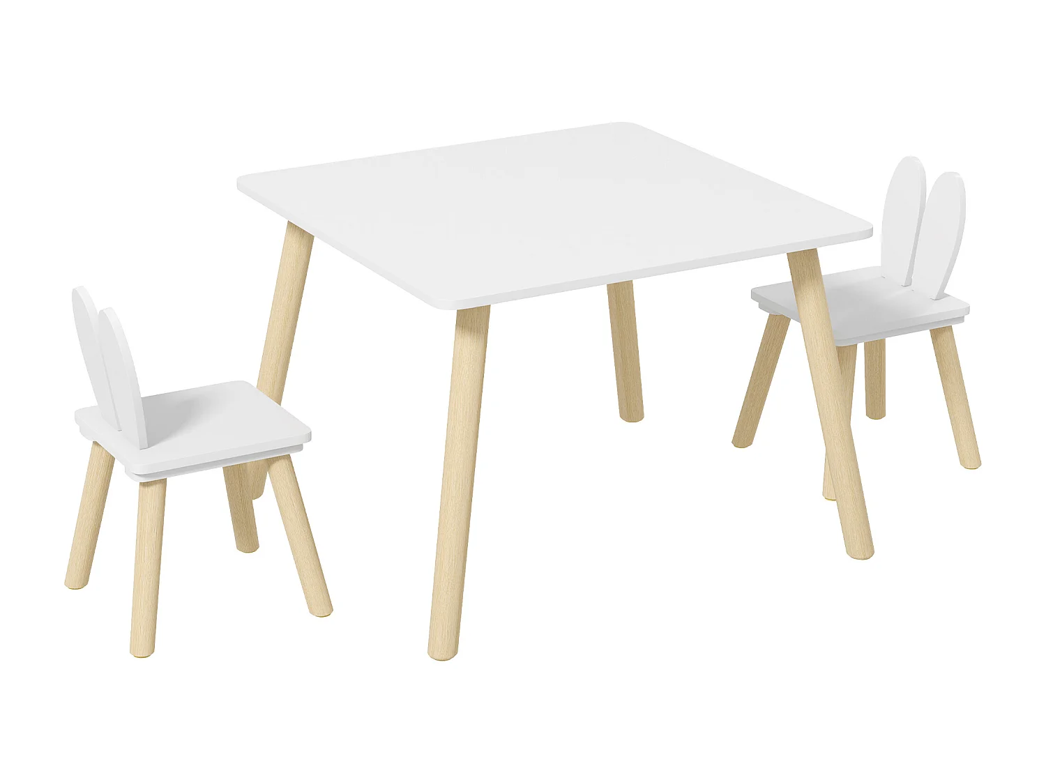 Set tavolo e 2 sedie per bambini con schienale a orecchie di coniglio