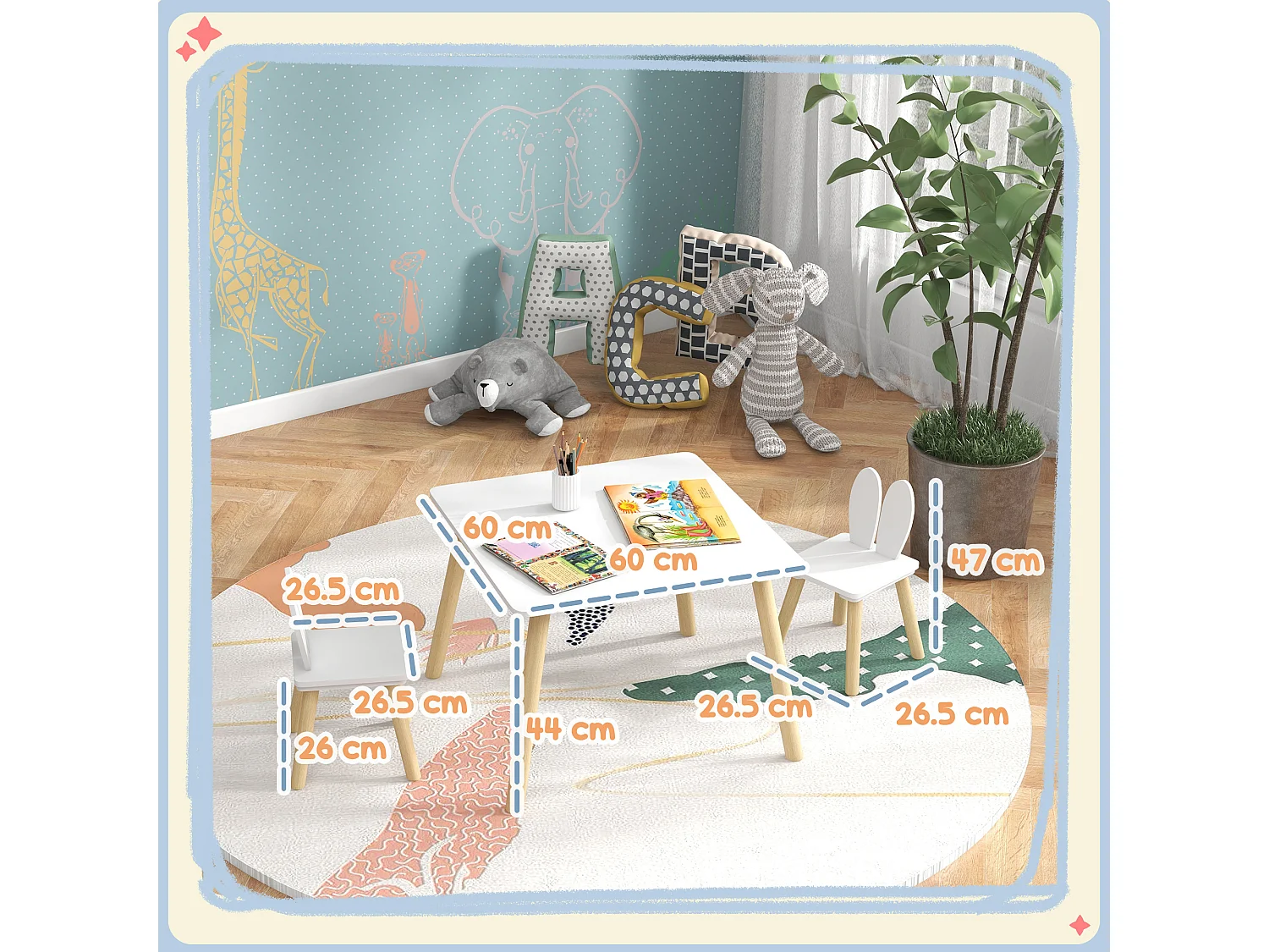 Set tavolo e 2 sedie per bambini con schienale a orecchie di coniglio