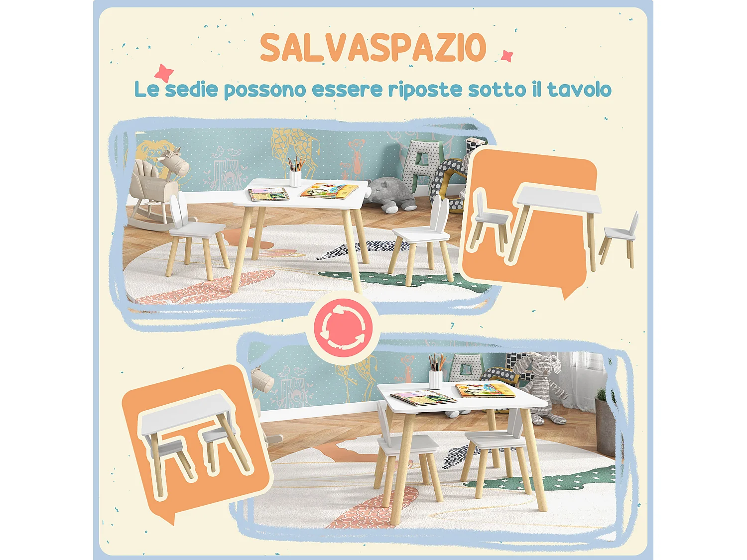 Set tavolo e 2 sedie per bambini con schienale a orecchie di coniglio