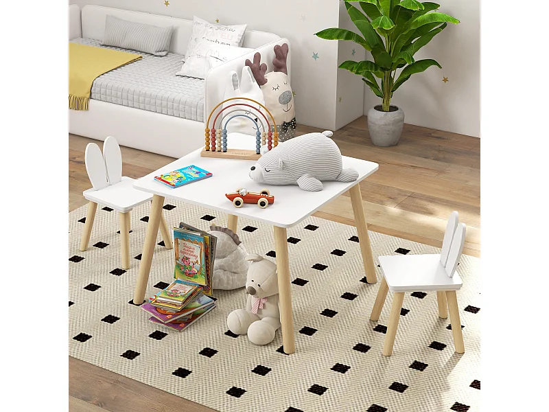 Set tavolo e 2 sedie per bambini con schienale a orecchie di coniglio