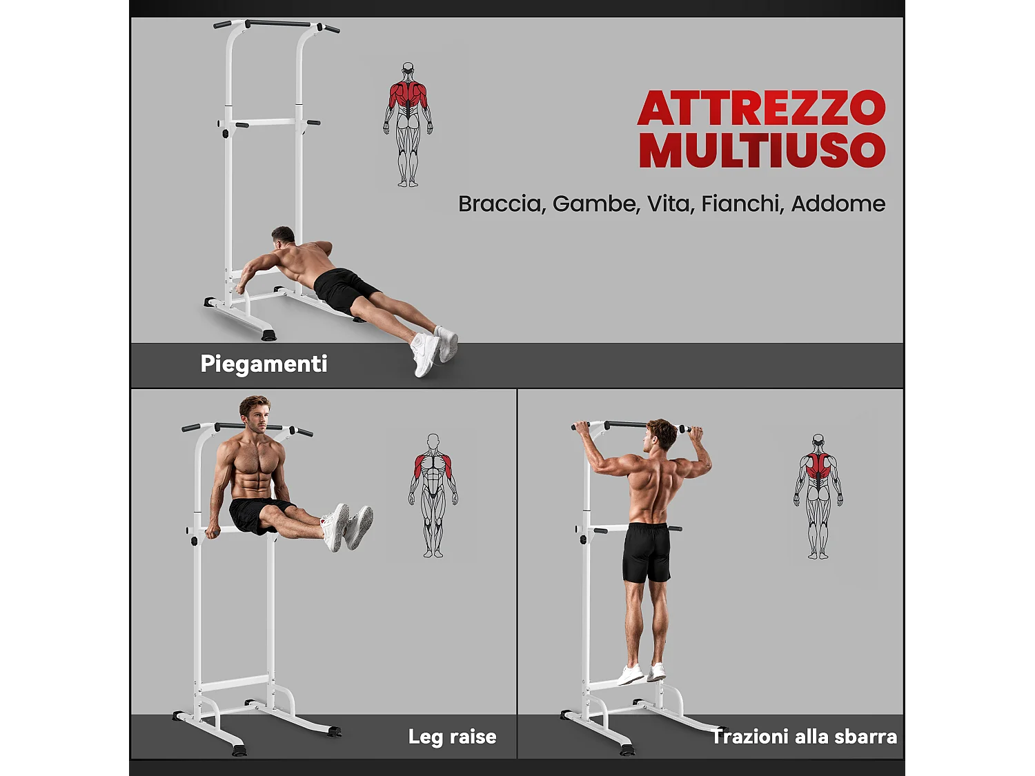 Stazione fitness multiuso con altezza regolabile in acciaio bianco