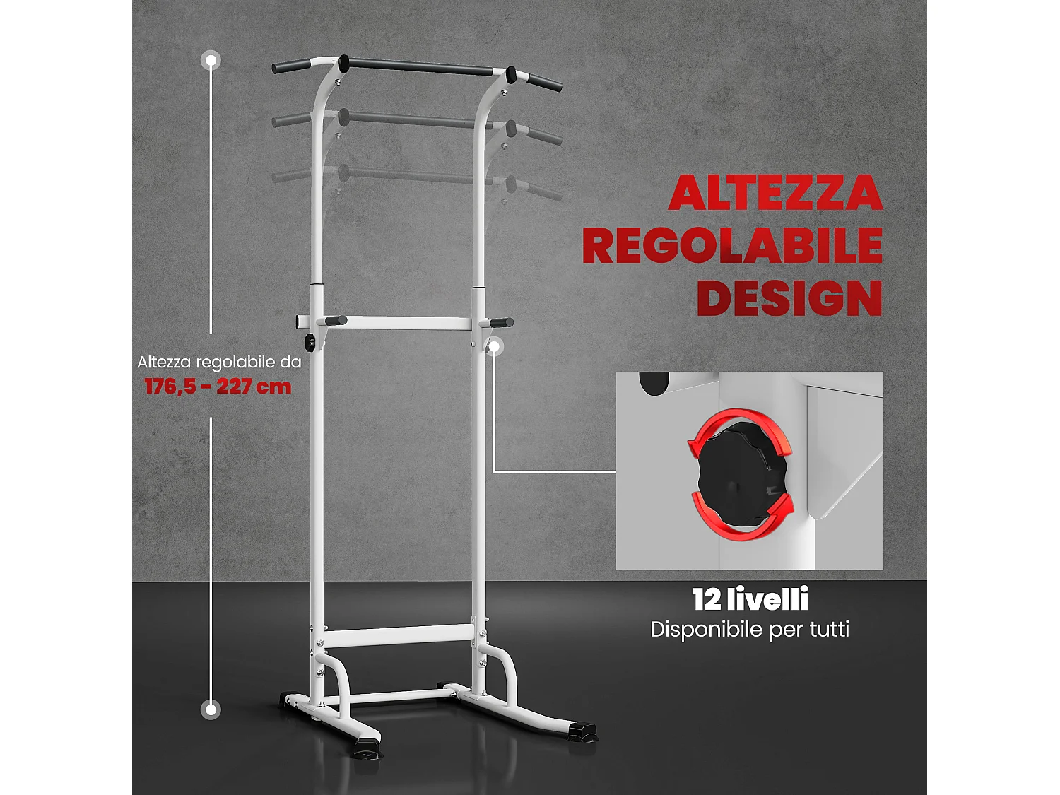 Stazione fitness multiuso con altezza regolabile in acciaio bianco