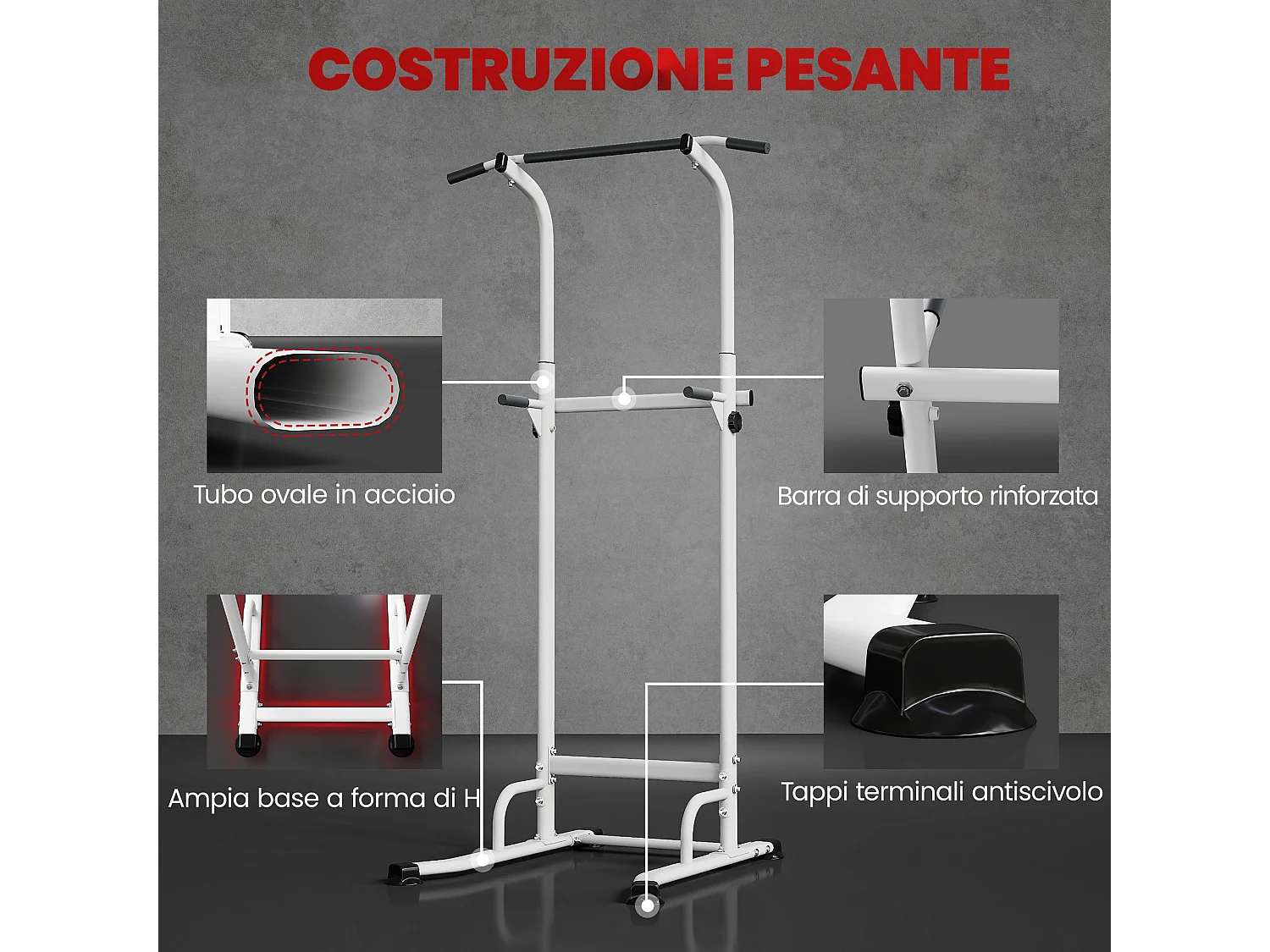 Stazione fitness multiuso con altezza regolabile in acciaio bianco
