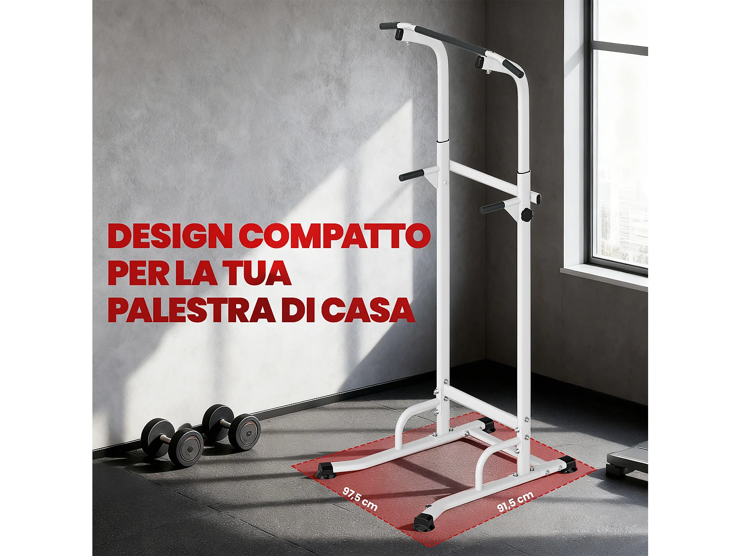Stazione fitness multiuso con altezza regolabile in acciaio bianco