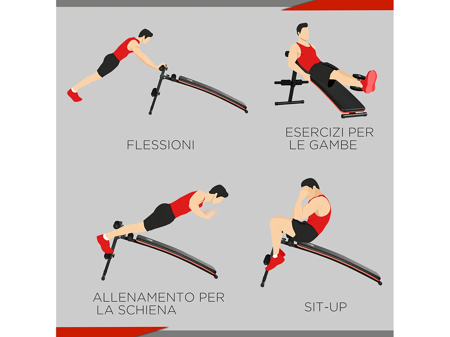 Panca per addominali pieghevole e regolabile imbottita nero e rosso