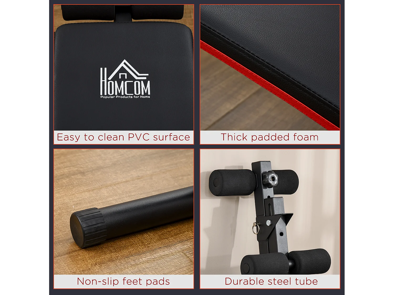 Panca per addominali pieghevole e regolabile imbottita nero e rosso