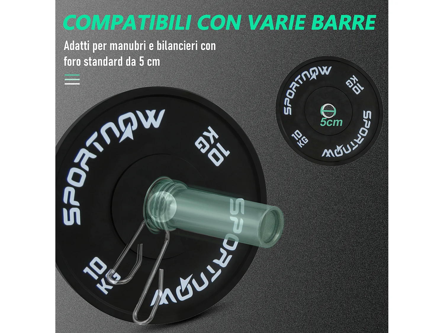 Set di 2 dischi pesi da 10kg da per bilanciere e manubri in gomma nero