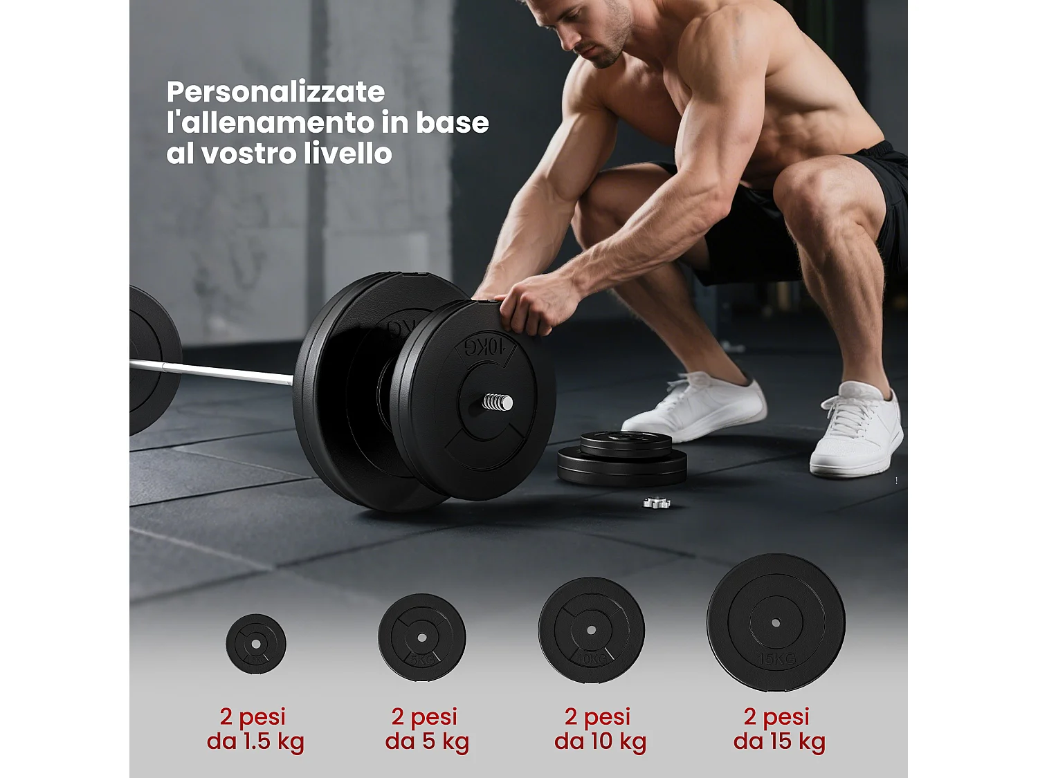 Set di Bilanciere e Dischi da 70 kg totali con 8 Pesi