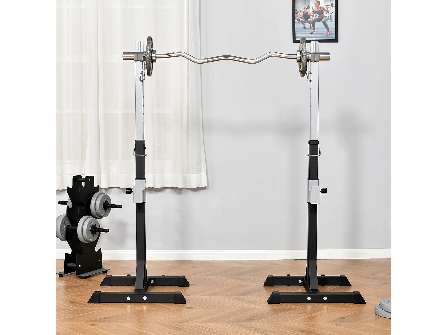 Set 2 rack porta bilanciere in acciaio altezza regolabile ganci