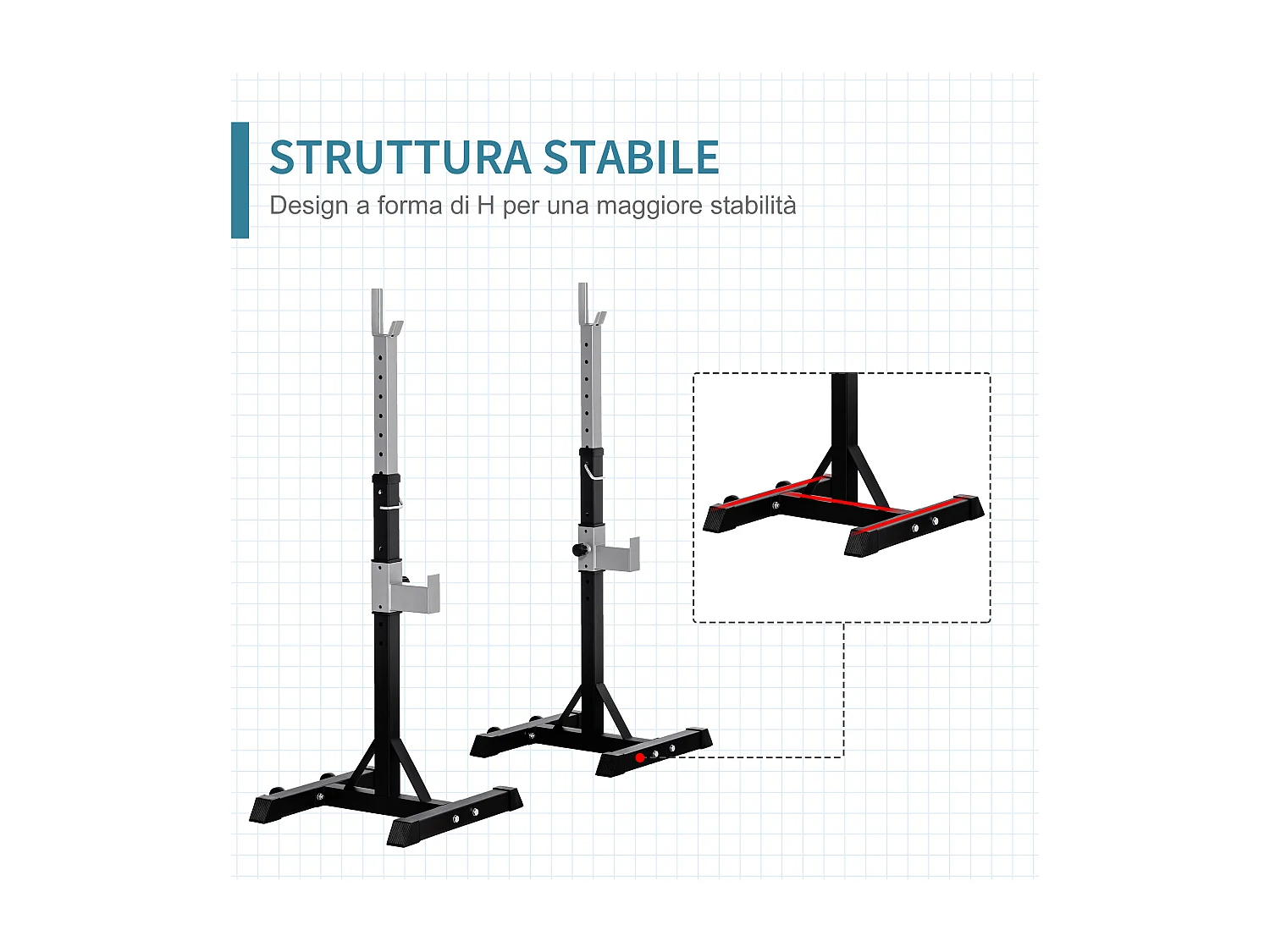Set 2 rack porta bilanciere in acciaio altezza regolabile ganci