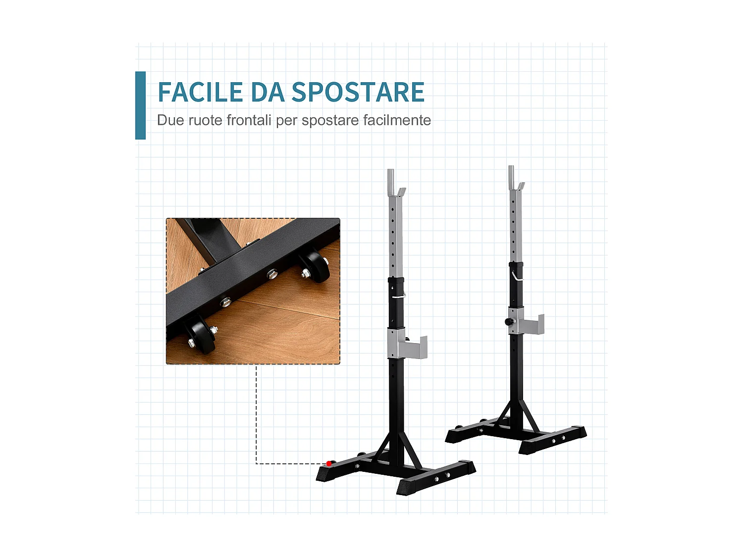 Set 2 rack porta bilanciere in acciaio altezza regolabile ganci