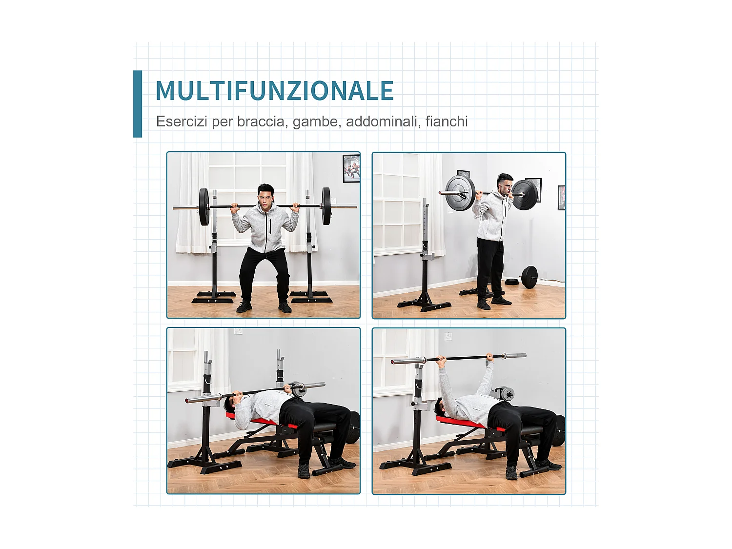 Set 2 rack porta bilanciere in acciaio altezza regolabile ganci