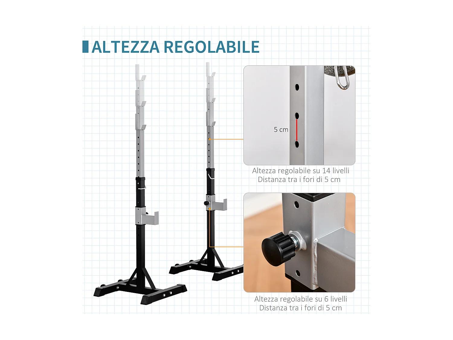 Set 2 rack porta bilanciere in acciaio altezza regolabile ganci