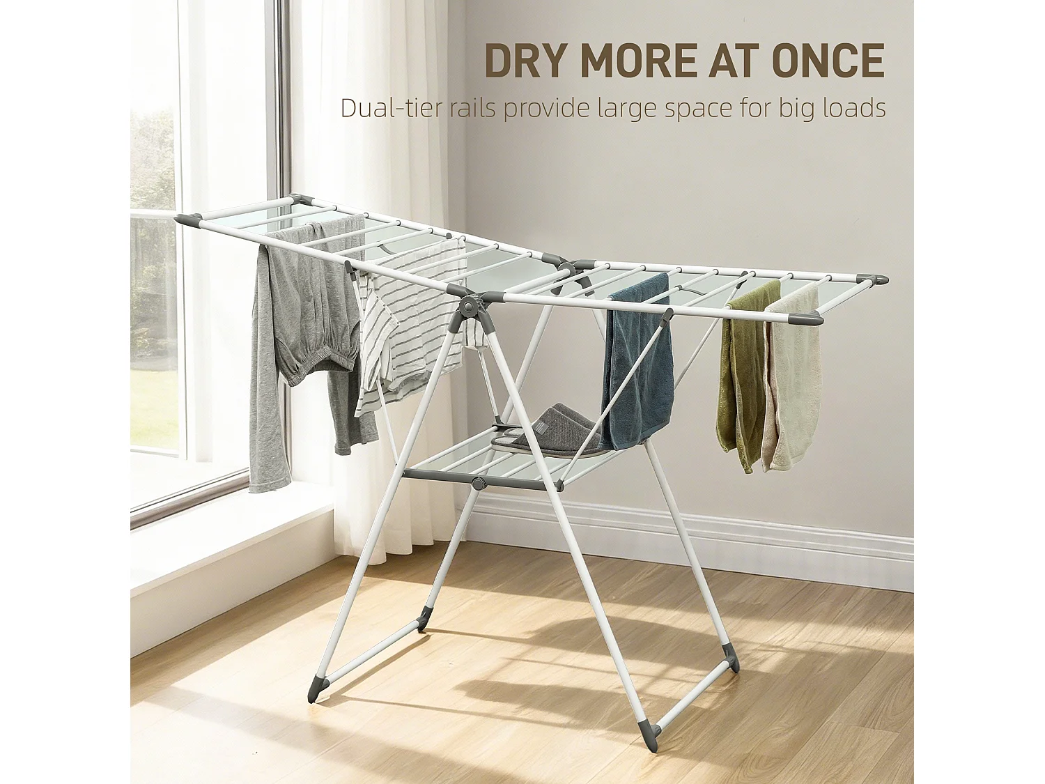 HOMCOM Stendibiancheria a 2 Livelli Regolabile su 4 Altezze Diverse, Stendino con Piedini Antiscivolo in Metallo e Plastica, 156.5x61.5x97 cm, Bianco