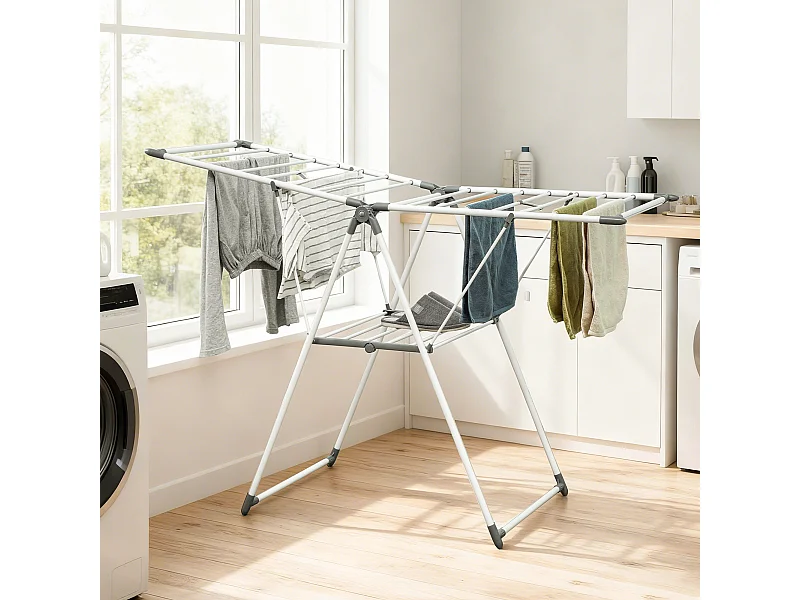 HOMCOM Stendibiancheria a 2 Livelli Regolabile su 4 Altezze Diverse, Stendino con Piedini Antiscivolo in Metallo e Plastica, 156.5x61.5x97 cm, Bianco