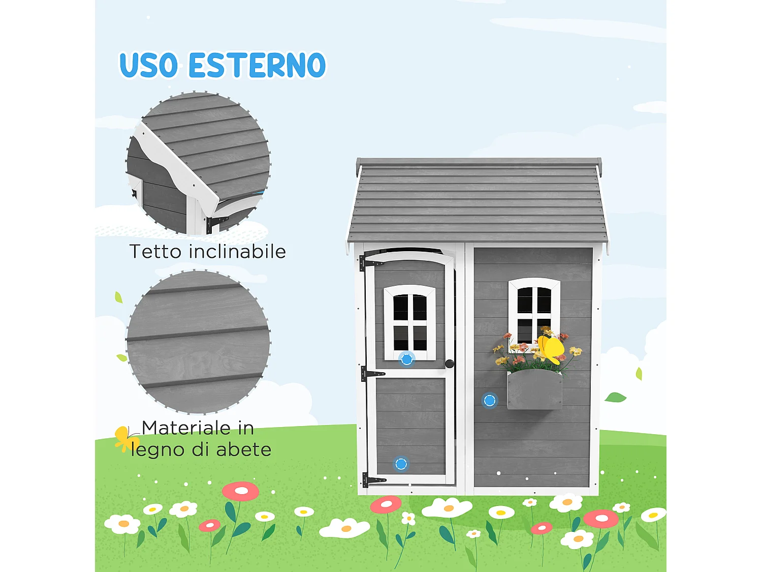 Casetta per bambini 3-8 anni con 6 finestre e fioriera in legno grigia