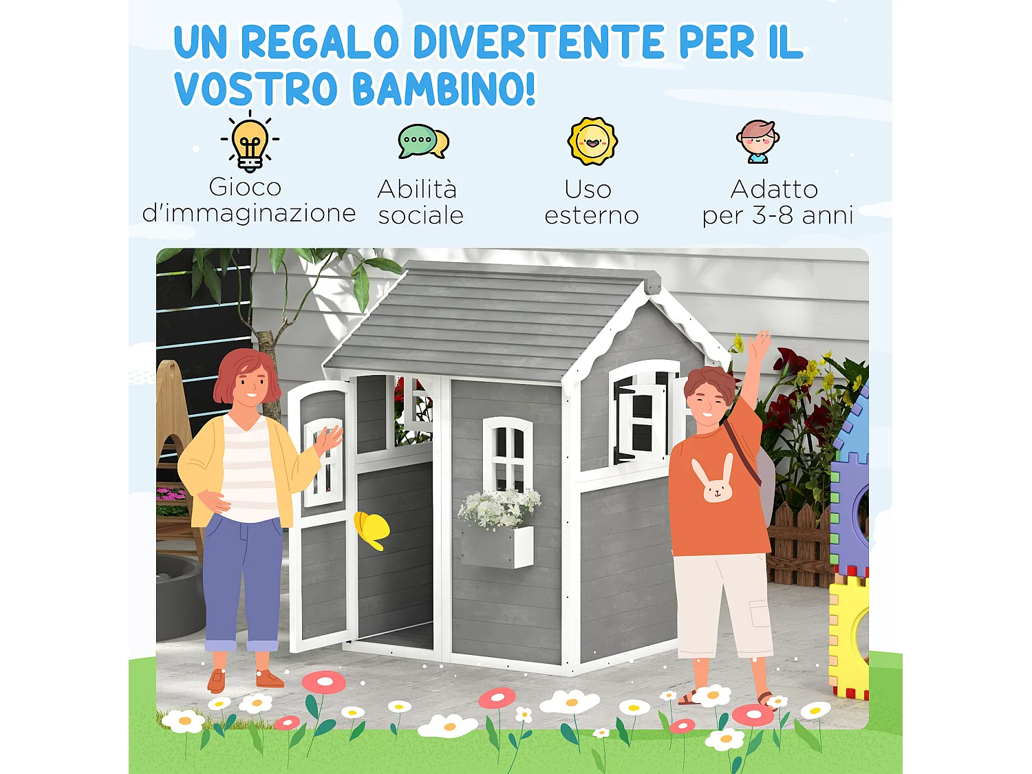 Casetta per bambini 3-8 anni con 6 finestre e fioriera in legno grigia