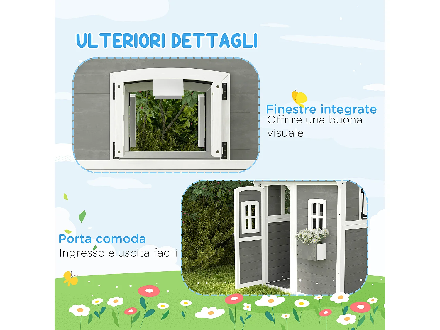 Casetta per bambini 3-8 anni con 6 finestre e fioriera in legno grigia