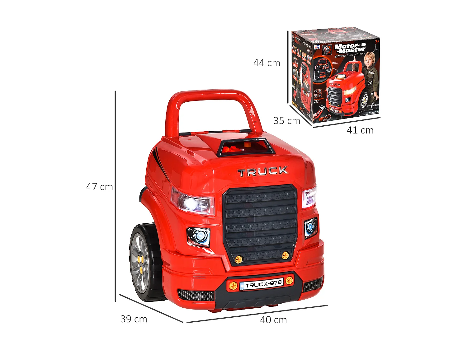 HOMCOM Officina Camion Giocattolo con Motore e 61 Accessori per Bambini 3-5 Anni, Ruote e Maniglia, 40x39x47cm, Rosso