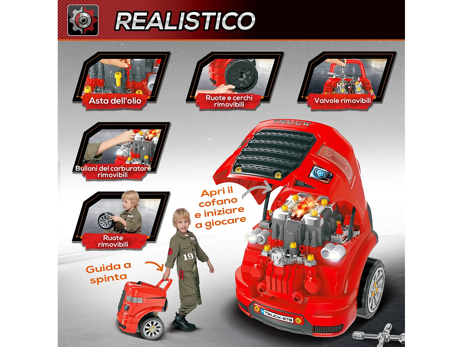 HOMCOM Officina Camion Giocattolo con Motore e 61 Accessori per Bambini 3-5 Anni, Ruote e Maniglia, 40x39x47cm, Rosso