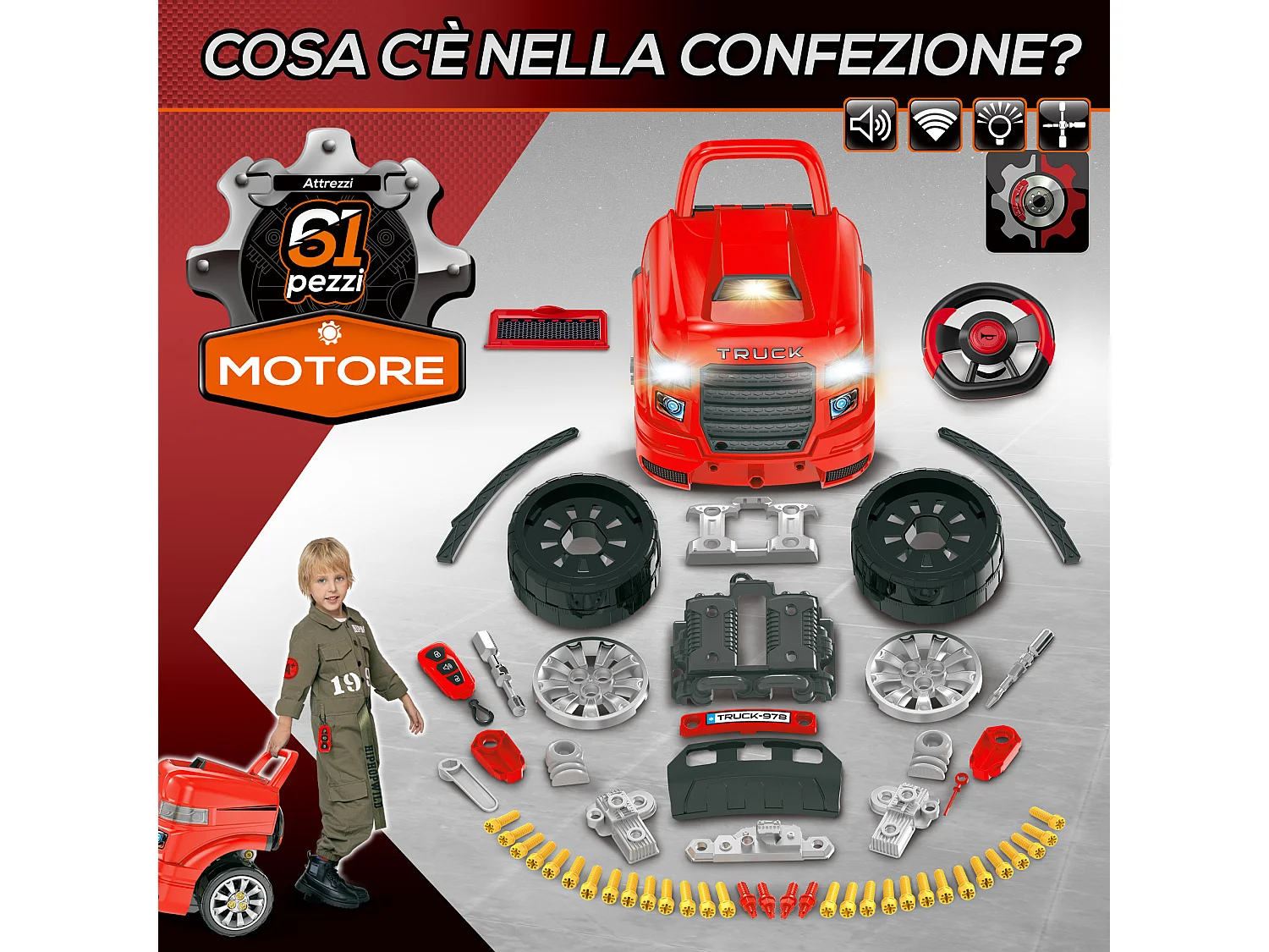 HOMCOM Officina Camion Giocattolo con Motore e 61 Accessori per Bambini 3-5 Anni, Ruote e Maniglia, 40x39x47cm, Rosso