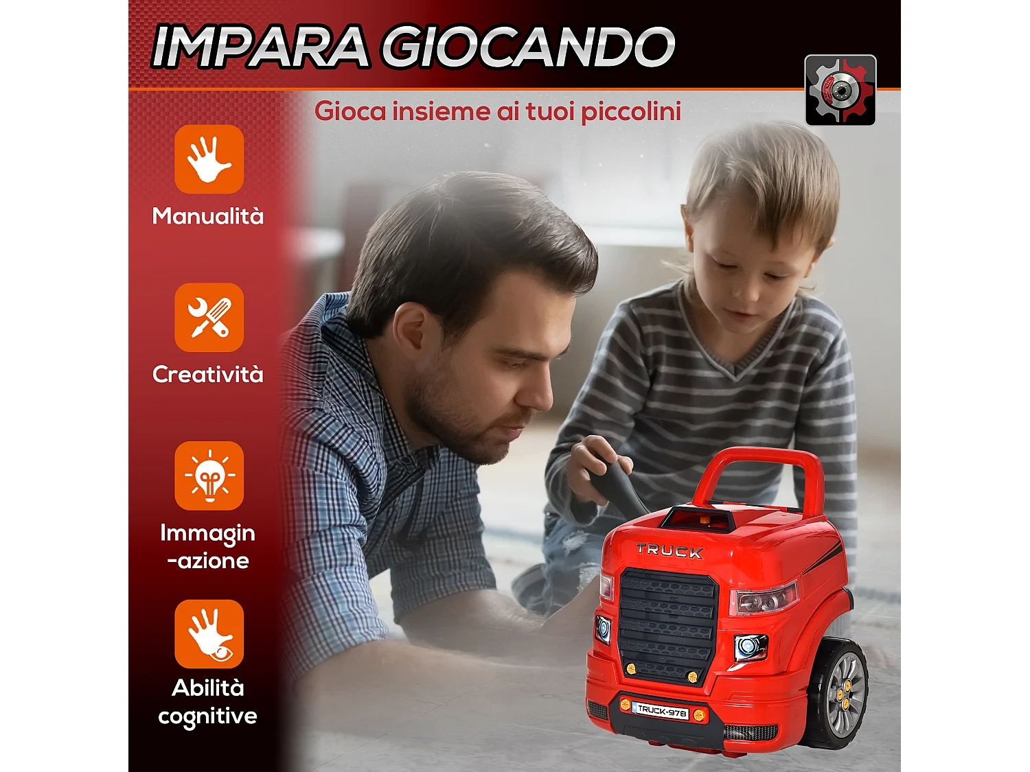HOMCOM Officina Camion Giocattolo con Motore e 61 Accessori per Bambini 3-5 Anni, Ruote e Maniglia, 40x39x47cm, Rosso