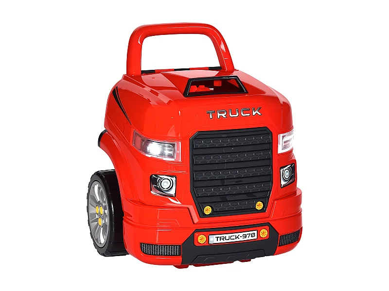 HOMCOM Officina Camion Giocattolo con Motore e 61 Accessori per Bambini 3-5 Anni, Ruote e Maniglia, 40x39x47cm, Rosso