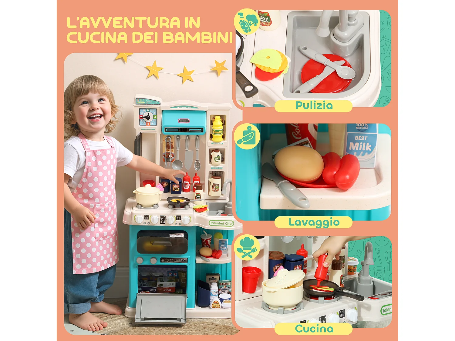 Cucina giocattolo per bambini 3-6 anni con 92 accessori verde