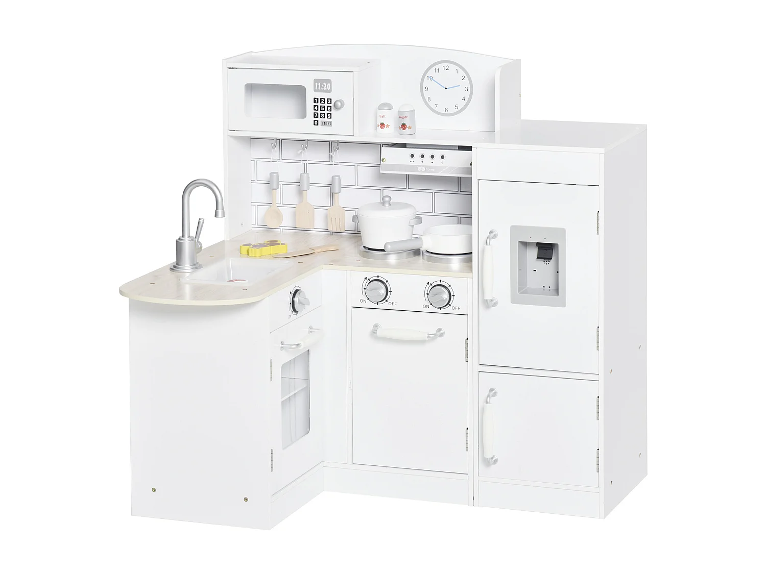Cucina giocattolo in legno con accessori lavandino e frigorifero