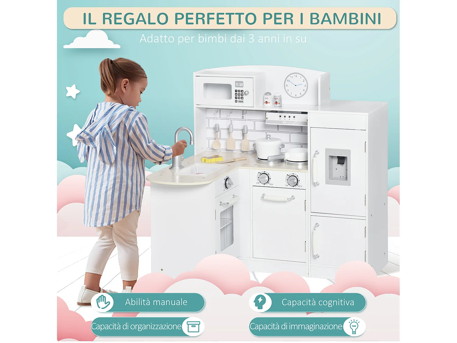 Cucina giocattolo in legno con accessori lavandino e frigorifero