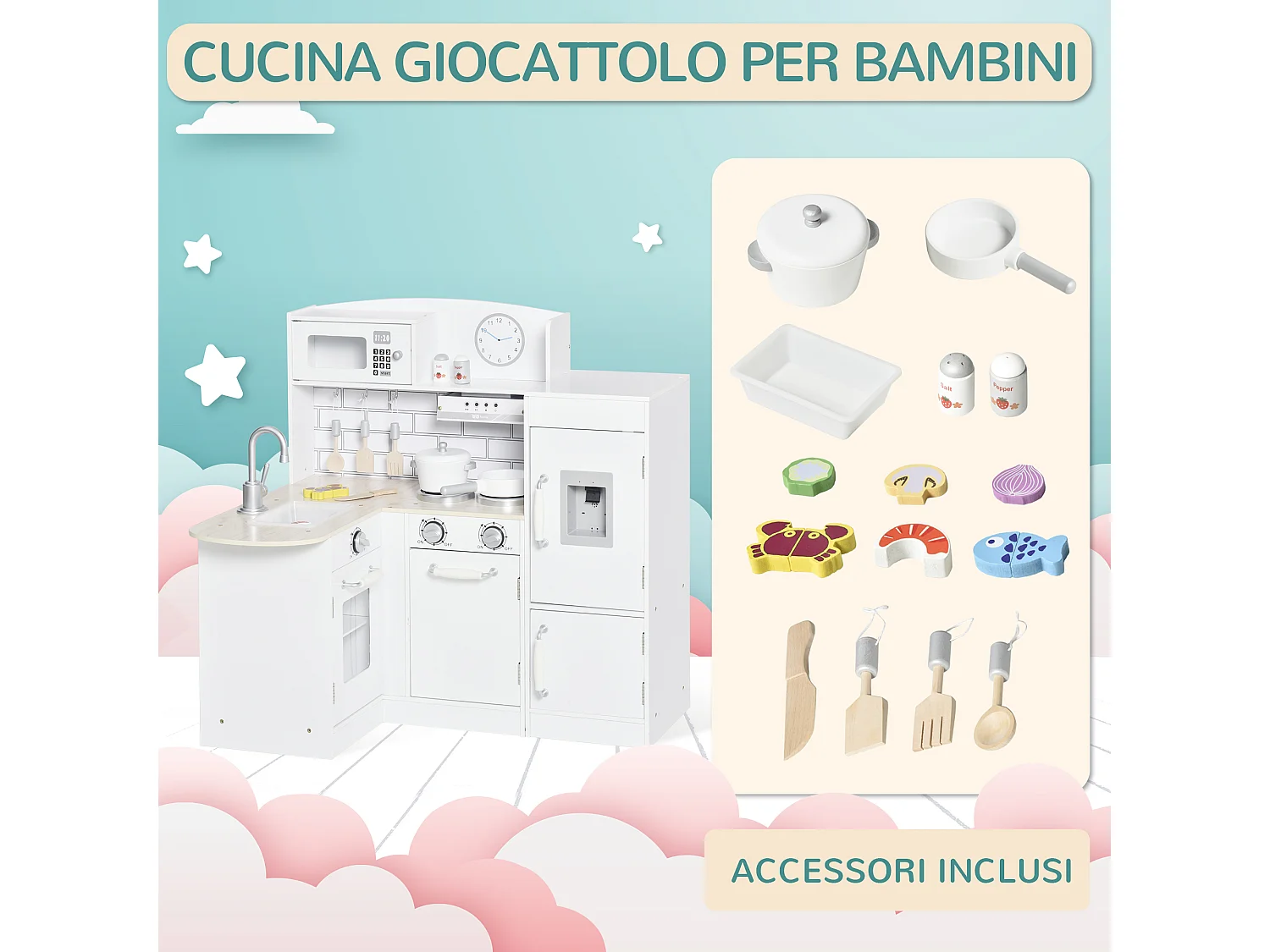 Cucina giocattolo in legno con accessori lavandino e frigorifero