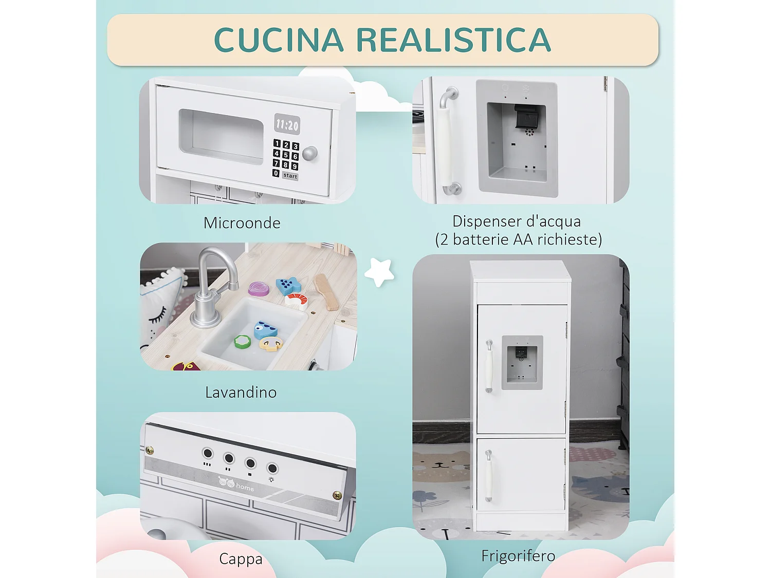 Cucina giocattolo in legno con accessori lavandino e frigorifero