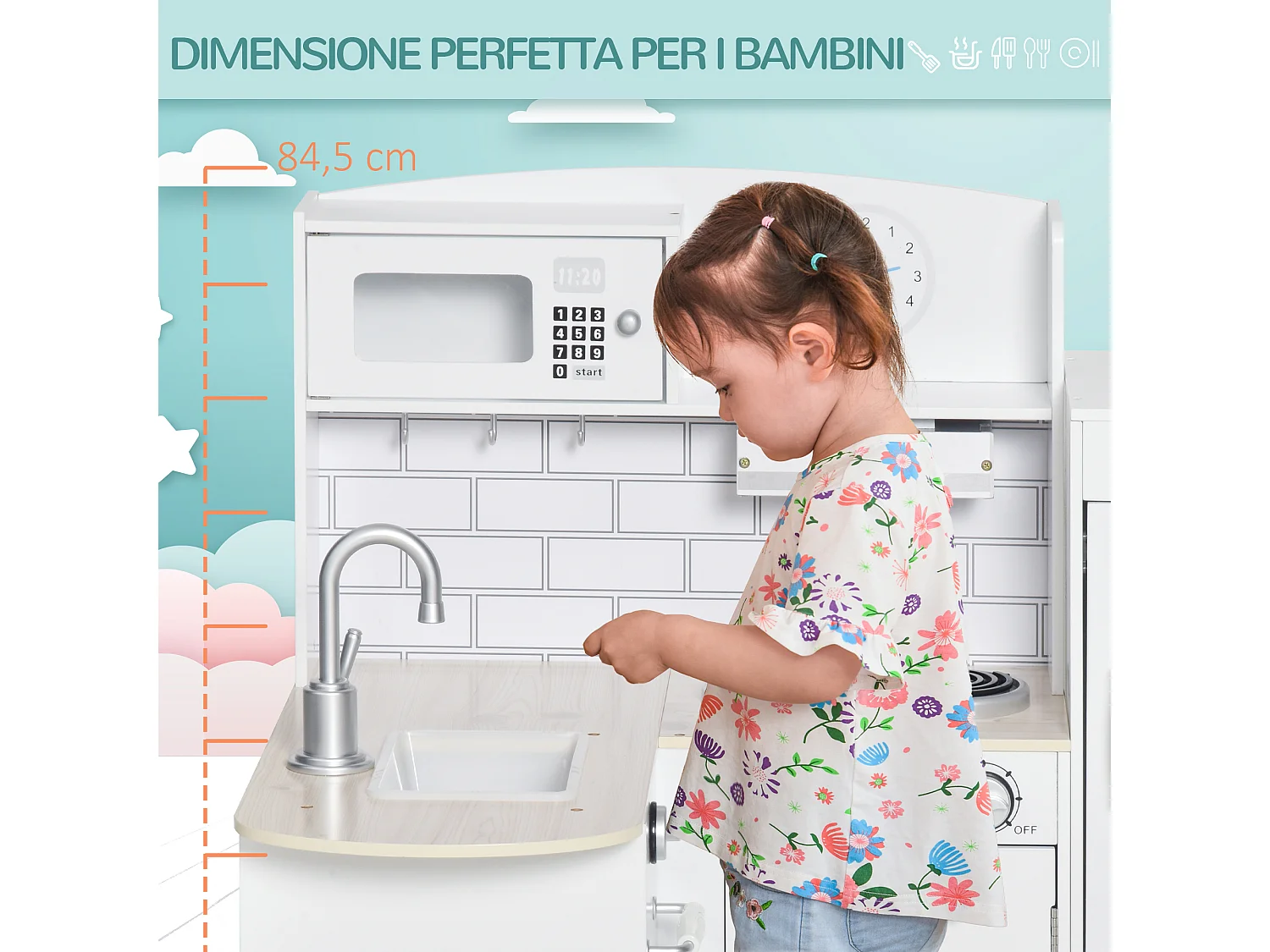 Cucina giocattolo in legno con accessori lavandino e frigorifero