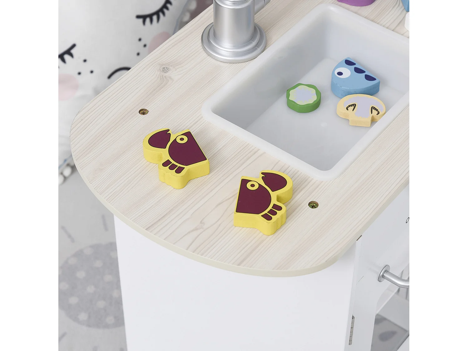 Cucina giocattolo in legno con accessori lavandino e frigorifero
