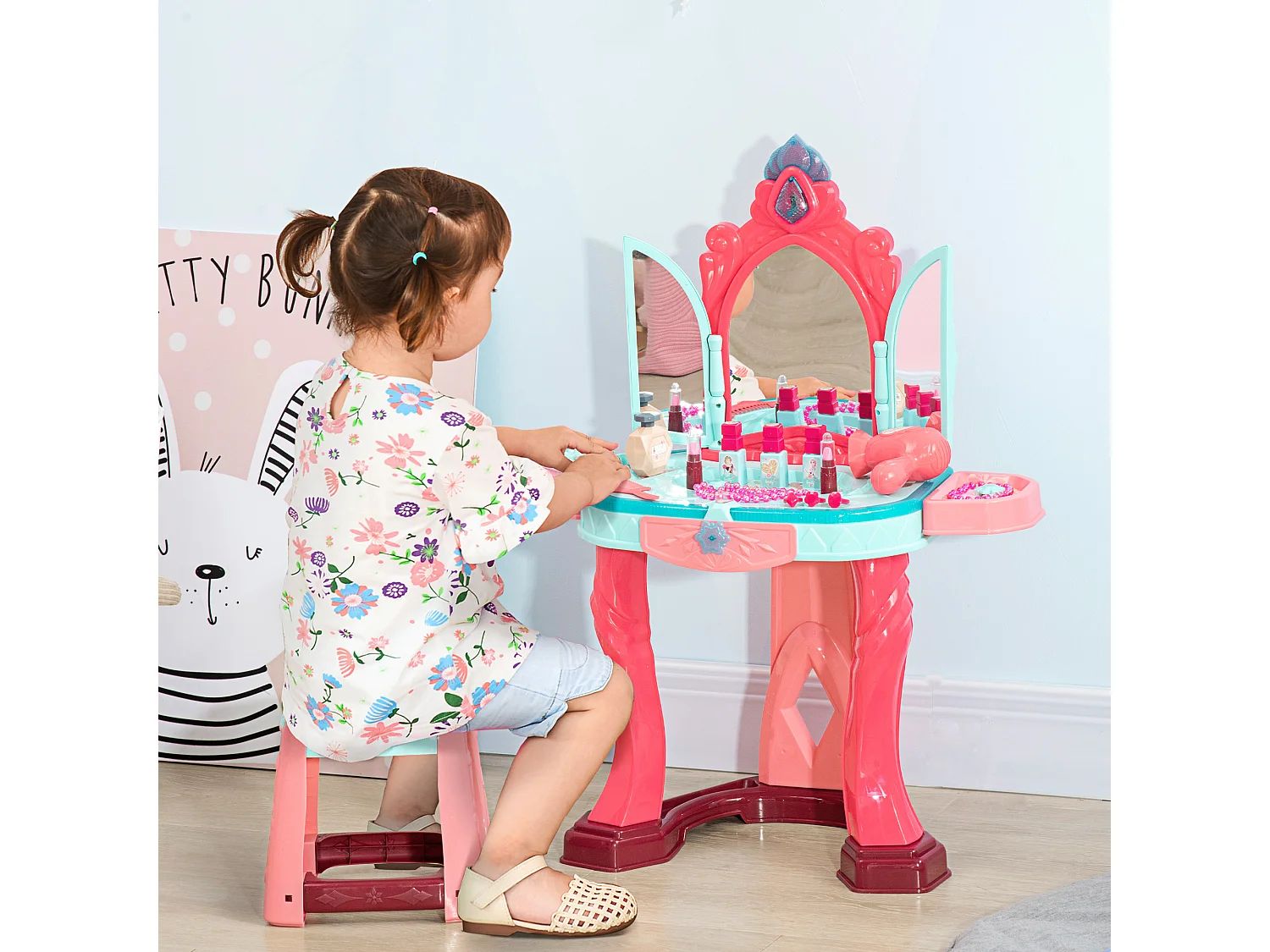 Tavolino toeletta per bambine con sgabello e specchio multicolore