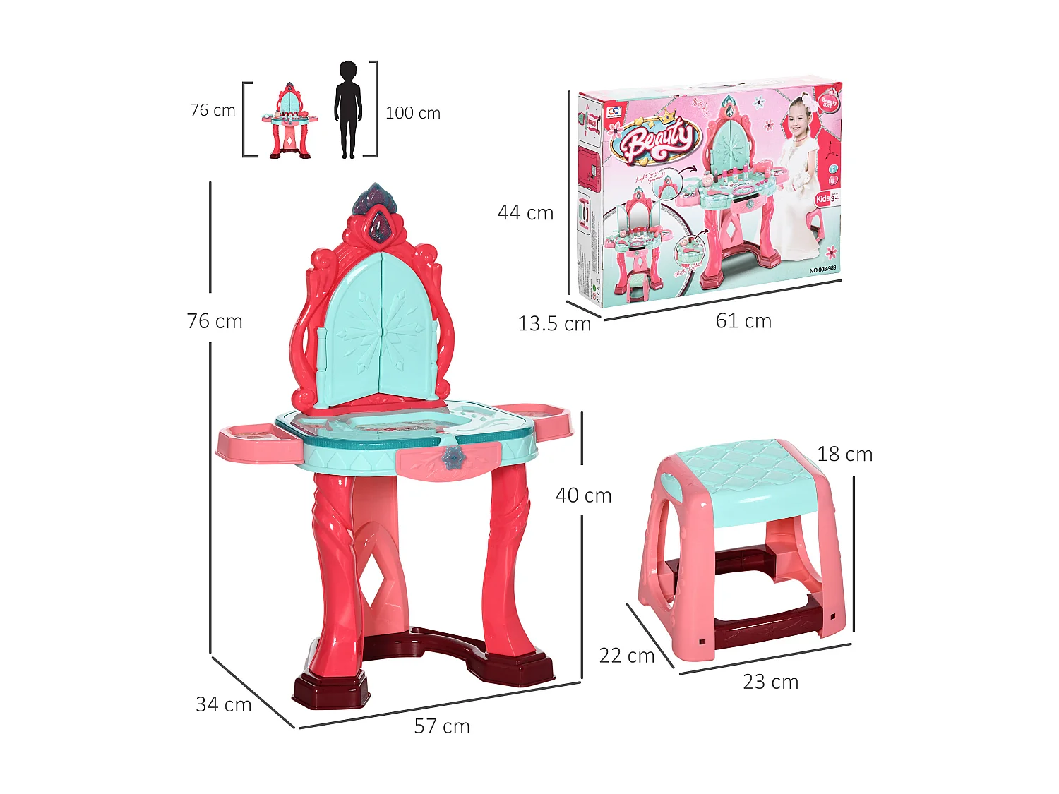 Tavolino toeletta per bambine con sgabello e specchio multicolore