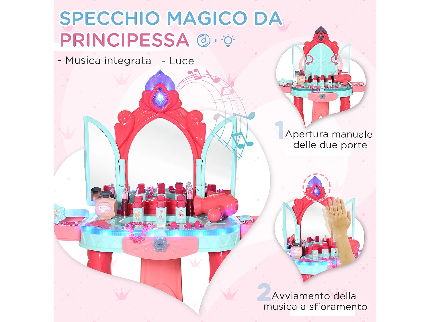 Tavolino toeletta per bambine con sgabello e specchio multicolore