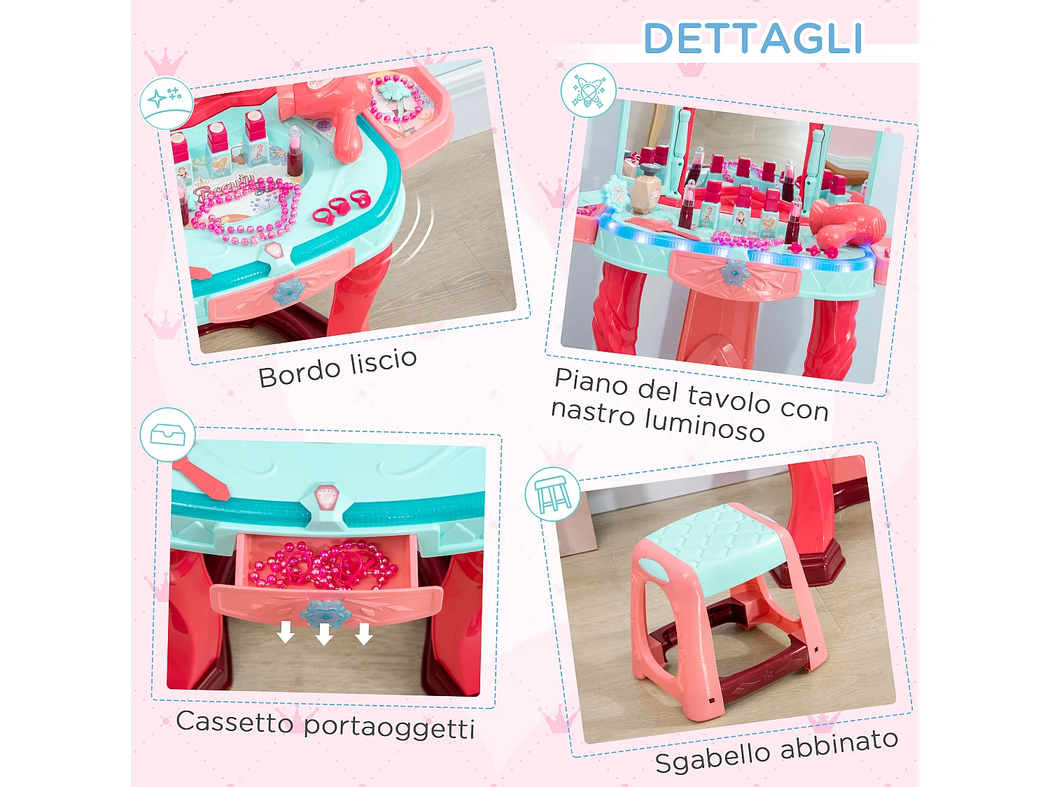 Tavolino toeletta per bambine con sgabello e specchio multicolore