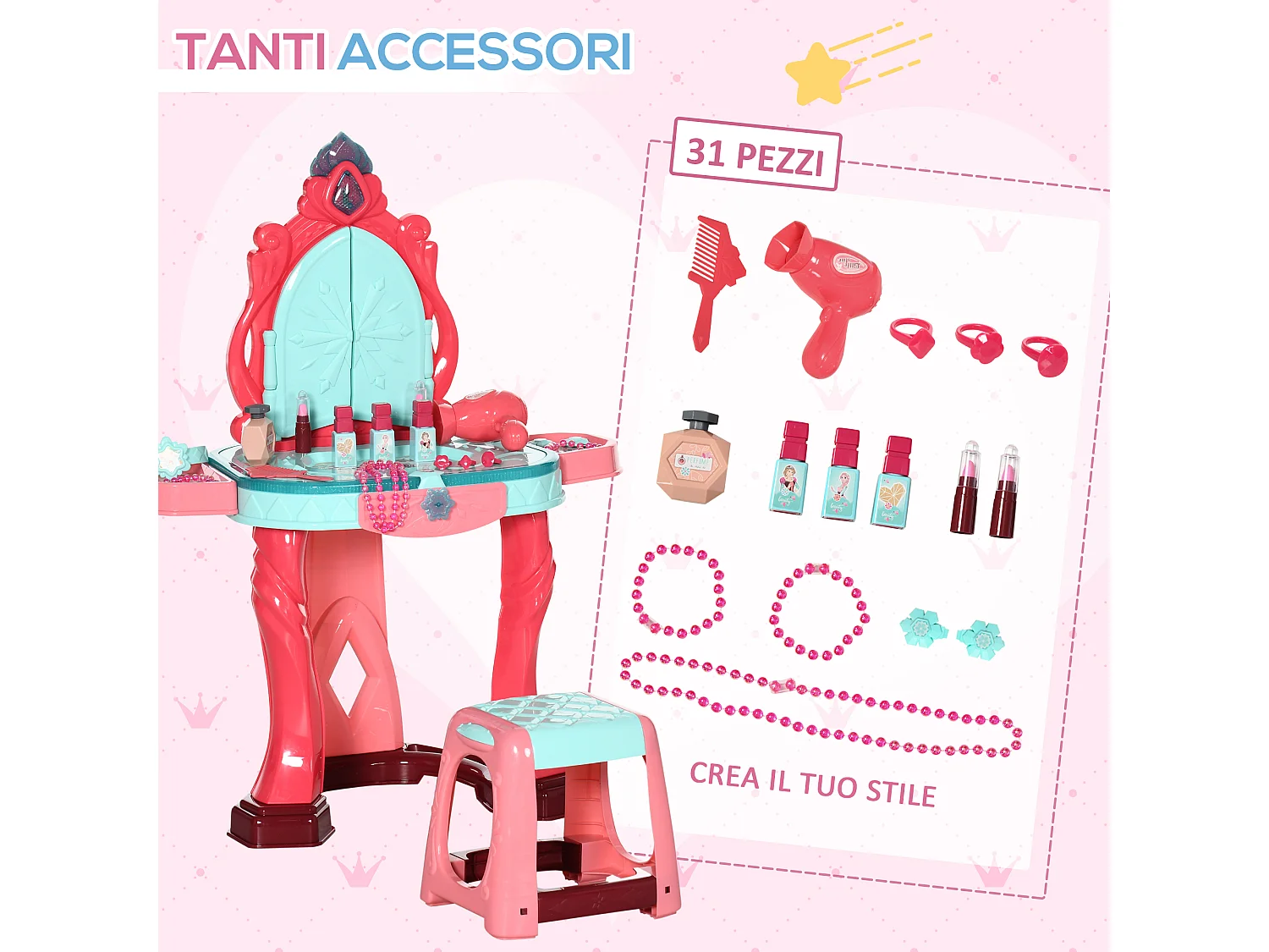 Tavolino toeletta per bambine con sgabello e specchio multicolore