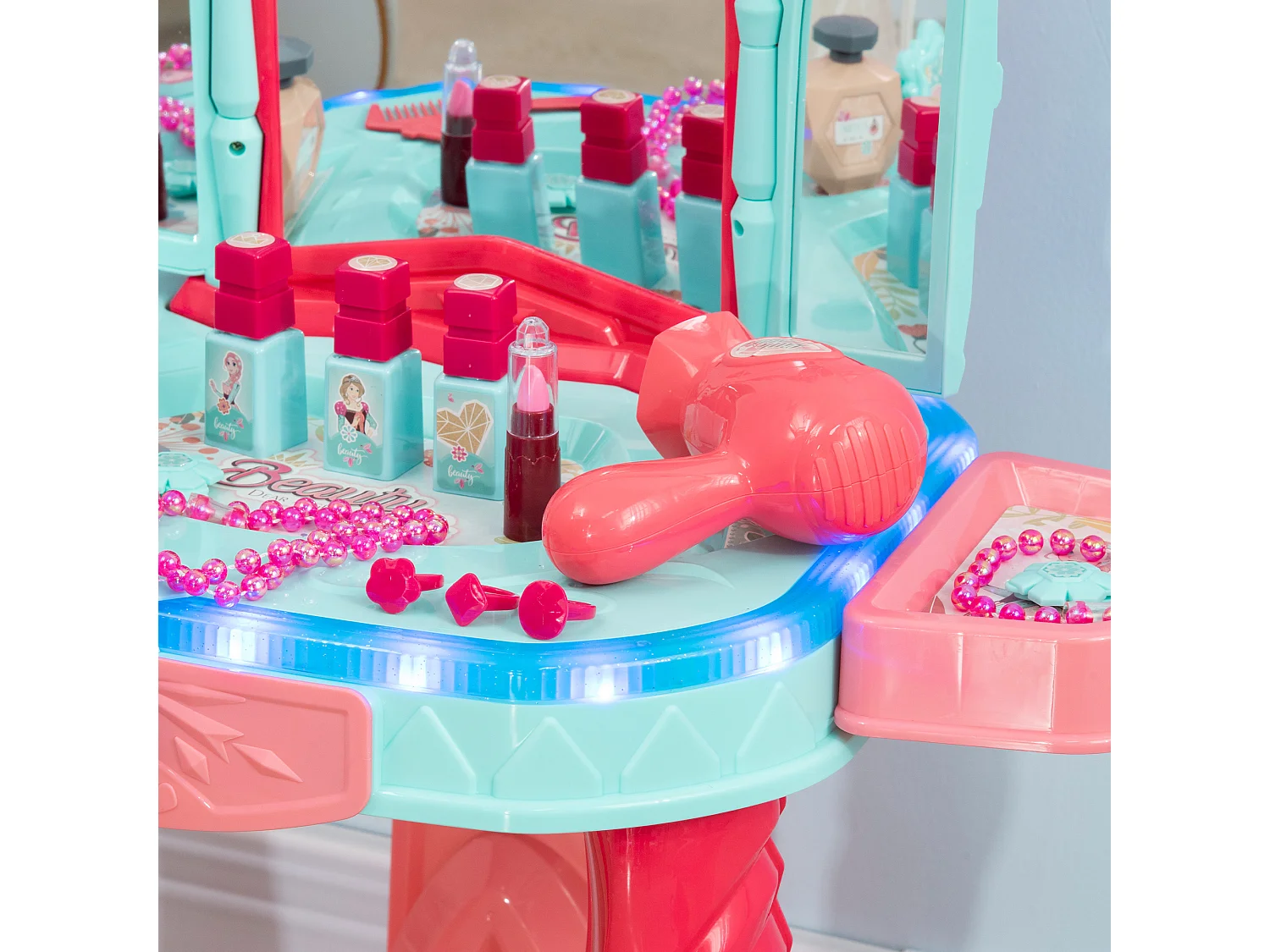 Tavolino toeletta per bambine con sgabello e specchio multicolore