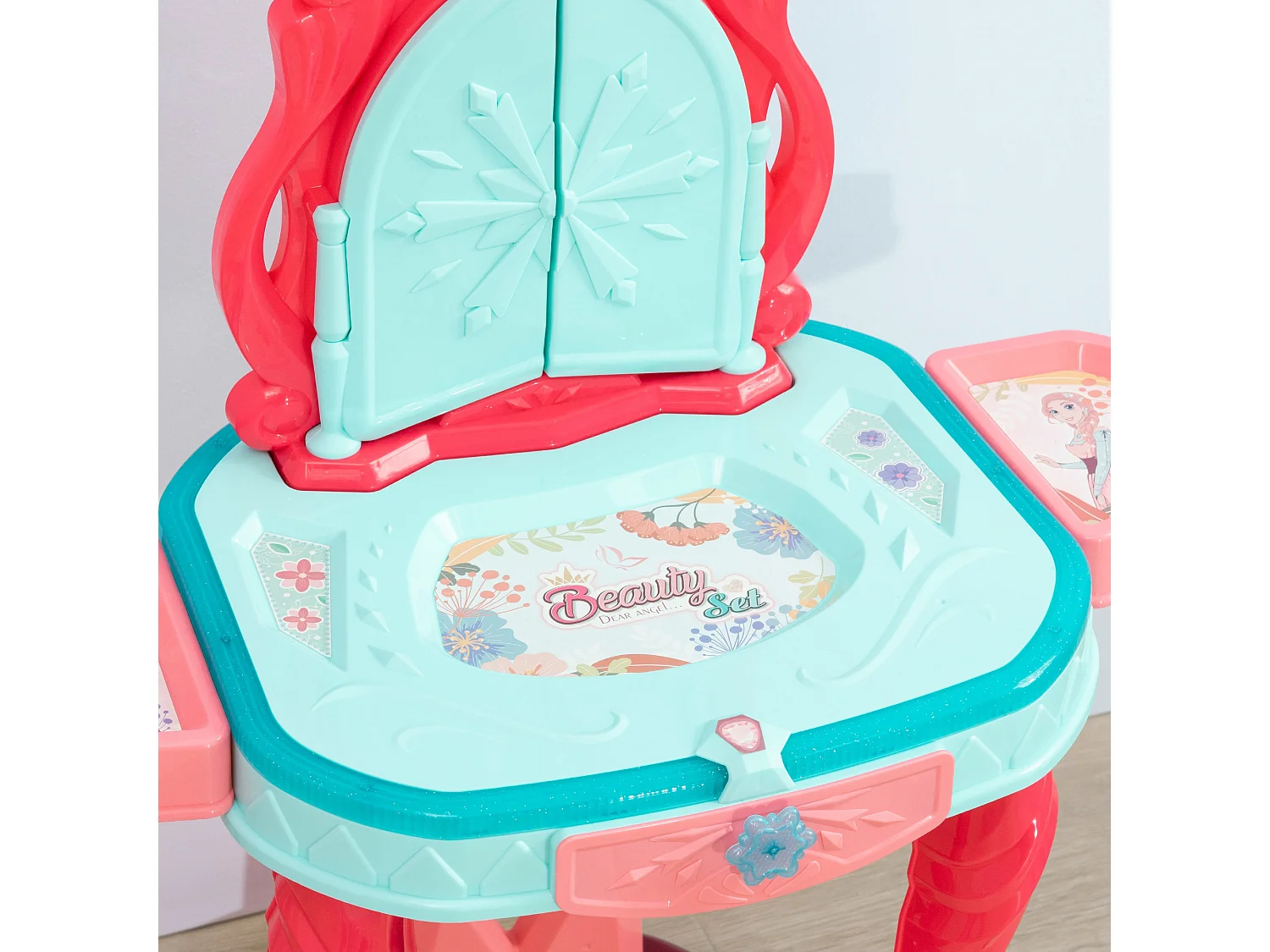 Tavolino toeletta per bambine con sgabello e specchio multicolore